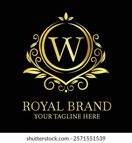 Elegant golden luxury logo design W for royal brand with customizable tagline option  
