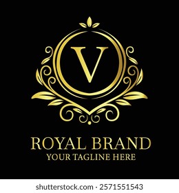 Elegant golden luxury logo design V for royal brand with customizable tagline option  
