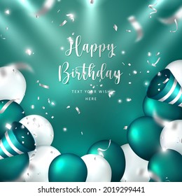 Elegant golden Malachite green silver white balloon and party popper ribbon Happy Birthday celebration card banner template