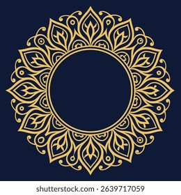 Elegant golden mandala design on dark blue background intricate decorative circular ornament vector art for various creative applications