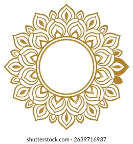 Elegant golden mandala frame with circular center for wedding invitations and decorative design elements