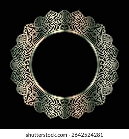 Elegant golden mandala frame with intricate floral and geometric patterns. Perfect for invitations, wedding cards, decorative designs, and digital artwork. Isolated on black background.