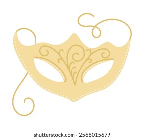 Elegant golden masquerade mask with intricate swirling patterns, delicate dotted details, and flowing ribbon accents. Vector hand drawn drawing isolated on white background