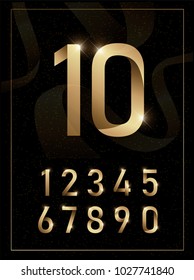 Elegant golden metal numbers. 1, 2, 3, 4, 5, 6, 7, 8, 9, 10. Gold number alphabet typeface glowing text effect. vector illustration