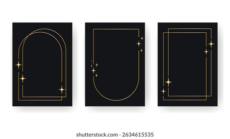Elegant golden minimalist frames with sparkles set. Shimmering subtle shape with glitter on black background. Contemporary frame with gold stars, vector graphic