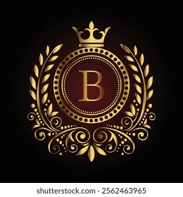 Elegant golden monogram letter B design with crown and ornate laurel on a dark luxury background  
