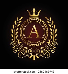 Elegant golden monogram letter A design with crown and ornate laurel on a dark luxury background  
