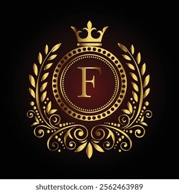 Elegant golden monogram letter F design with crown and ornate laurel on a dark luxury background  
