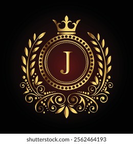 Elegant golden monogram letter J design with crown and ornate laurel on a dark luxury background  
