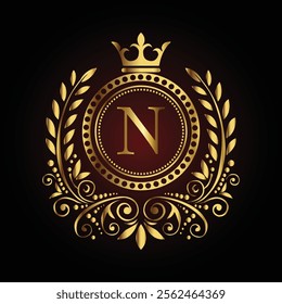 Elegant golden monogram letter N design with crown and ornate laurel on a dark luxury background  
