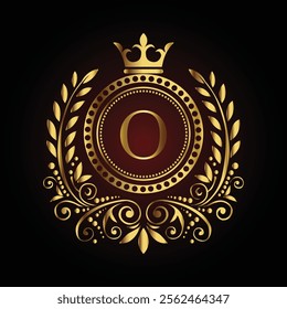 Elegant golden monogram letter O design with crown and ornate laurel on a dark luxury background  
