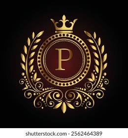 Elegant golden monogram letter P design with crown and ornate laurel on a dark luxury background  
