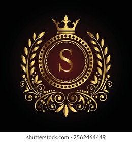 Elegant golden monogram letter S design with crown and ornate laurel on a dark luxury background  
