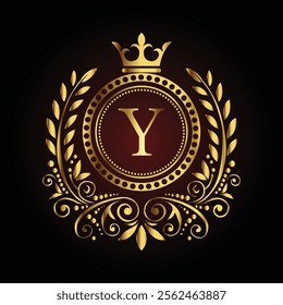 Elegant golden monogram letter Y design with crown and ornate laurel on a dark luxury background  
