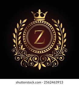 Elegant golden monogram letter Z design with crown and ornate laurel on a dark luxury background  
