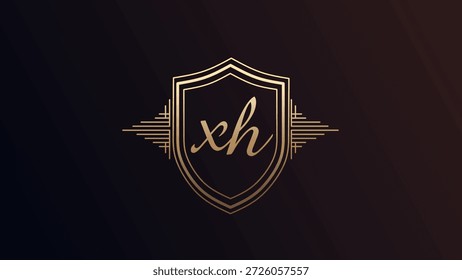 Elegante logotipo inicial dorado del monograma XH en el escudo para el diseño de la marca