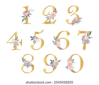 Elegant golden numbers adorned with beautiful flowers for decorative purposes.