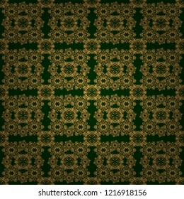 Elegant golden ornament with gold stars, filigree decor on ornate green background. Luxury floral seamless pattern, button-tufted texture, ornate elements in vintage style. Vector illustration.