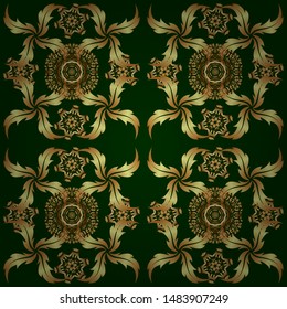 Elegant golden ornament with gold stars, filigree decor on ornate background. Luxury floral seamless pattern, button-tufted texture, ornate elements in vintage style. Vector illustration.