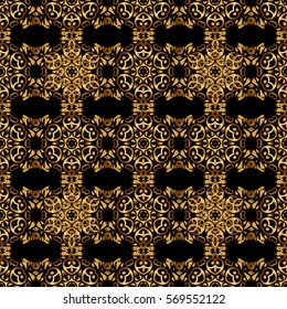 Elegant golden ornament with gold stars, filigree decor on ornate black background. Luxury floral seamless pattern, button-tufted texture, ornate elements in vintage style. Vector illustration.