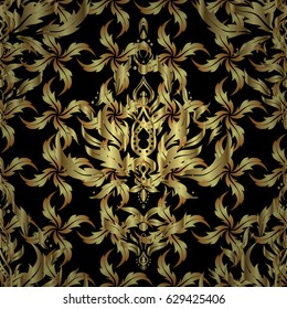 Elegant golden ornament with gold stars, filigree decor on ornate black background. Luxury floral seamless pattern, button-tufted texture, ornate elements in vintage style. Vector illustration.
