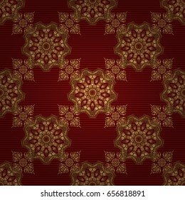 Elegant golden ornament with gold stars, filigree decor on ornate red background. Luxury floral seamless pattern, button-tufted texture, ornate elements in vintage style. Vector illustration.