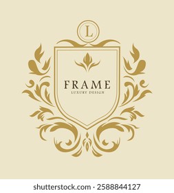 Elegant golden ornamental frame with floral details and a monogram letter L on a beige background. Classic and vintage-style luxury design concept. Vector illustration