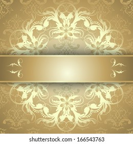 Elegant golden ornate background with lace seamless ornament for invitations, greeting card, menu. Floral elements, place for text. Vector EPS 10.