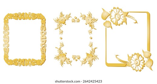 Elegant golden ornate frames and floral elements beautifully adorn a white background. Perfect for luxury design projects, including wedding invitations, vintage decor, and elegant graphics.