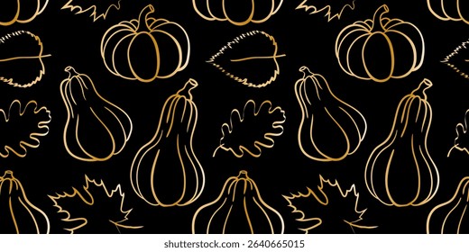 elegant golden outline pumpkins autumn leaves seamless pattern black background fall harvest design luxurious minimalist festive botanical wallpaper