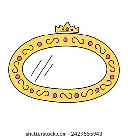 Elegant golden oval vector frame with crown isolated on white background. Pink mirror for little princess, beautiful decorative border, hand drawn, doodle illustration.
