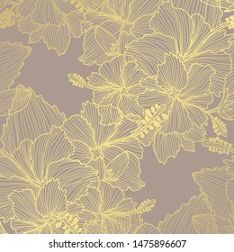 Elegant golden pattern with decorative hibiscus flowers, design elements. Floral pattern for invitations, greeting cards, scrapbooking, print, gift wrap, manufacturing