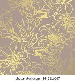 Elegant golden pattern with decorative sakura flowers, design elements. Floral pattern for invitations, greeting cards, scrapbooking, print, gift wrap, manufacturing