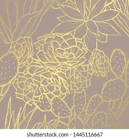Elegant golden pattern with decorative succulent plants, design elements. Floral pattern for invitations, greeting cards, scrapbooking, print, gift wrap, manufacturing