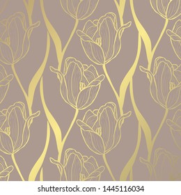 Elegant golden pattern with decorative tulips, design elements. Floral pattern for invitations, greeting cards, scrapbooking, print, gift wrap, manufacturing