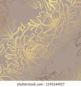 Elegant golden pattern with hand drawn decorative peonies, design elements. Floral pattern for invitations, greeting cards, scrapbooking, print, gift wrap, manufacturing