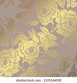 Elegant golden pattern with hand drawn decorative peonies, design elements. Floral pattern for invitations, greeting cards, scrapbooking, print, gift wrap, manufacturing