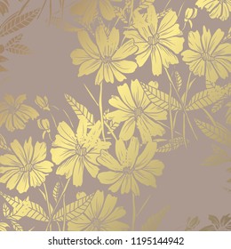 Elegant golden pattern with hand drawn decorative chamomiles, design elements. Floral pattern for invitations, greeting cards, scrapbooking, print, gift wrap, manufacturing