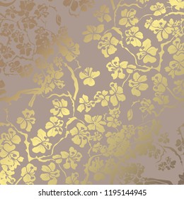 Elegant golden pattern with hand drawn decorative sakura flowers, design elements. Floral pattern for invitations, greeting cards, scrapbooking, print, gift wrap, manufacturing