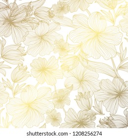 Elegant golden pattern with hand drawn decorative flowers, design elements. Floral pattern for invitations, greeting cards, scrapbooking, print, gift wrap, manufacturing