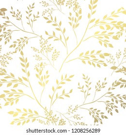 Elegant golden pattern with hand drawn decorative leaves, design elements. Floral pattern for invitations, greeting cards, scrapbooking, print, gift wrap, manufacturing