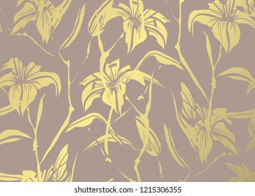 Elegant golden pattern with hand drawn decorative lilies, design elements. Floral pattern for invitations, greeting cards, scrapbooking, print, gift wrap, manufacturing