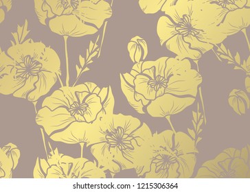 Elegant golden pattern with hand drawn decorative poppies, design elements. Floral pattern for invitations, greeting cards, scrapbooking, print, gift wrap, manufacturing