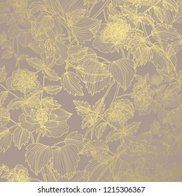 Elegant golden pattern with hand drawn decorative dog roses, design elements. Floral pattern for invitations, greeting cards, scrapbooking, print, gift wrap, manufacturing