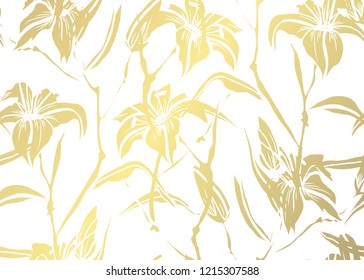 Elegant golden pattern with hand drawn decorative lilies, design elements. Floral pattern for invitations, greeting cards, scrapbooking, print, gift wrap, manufacturing