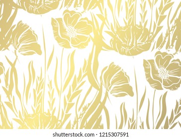 Elegant golden pattern with hand drawn decorative poppies, design elements. Floral pattern for invitations, greeting cards, scrapbooking, print, gift wrap, manufacturing