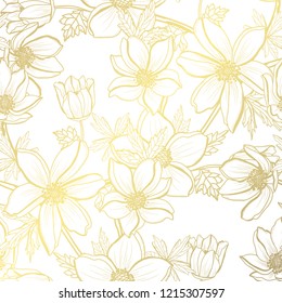 Elegant golden pattern with hand drawn decorative anemones, design elements. Floral pattern for invitations, greeting cards, scrapbooking, print, gift wrap, manufacturing
