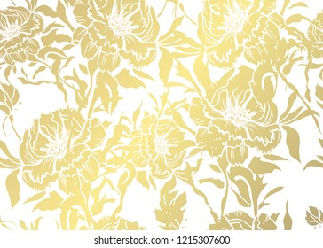 Elegant golden pattern with hand drawn decorative peonies, design elements. Floral pattern for invitations, greeting cards, scrapbooking, print, gift wrap, manufacturing