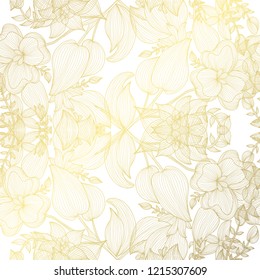 Elegant golden pattern with hand drawn decorative leaves, design elements. Floral pattern for invitations, greeting cards, scrapbooking, print, gift wrap, manufacturing