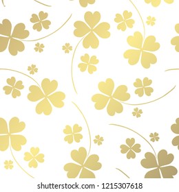 Elegant golden pattern with hand drawn decorative lucky clovers, design elements. Floral pattern for invitations, greeting cards, scrapbooking, print, gift wrap, manufacturing